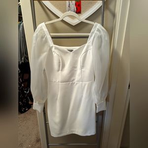 New Lichi cream mini dress with mesh long sleeves and sweetheart neckline